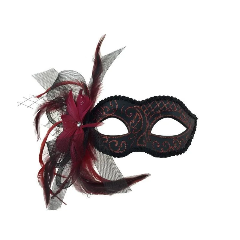 - Parrot climbing and standing wooden frame Black and red venetian mask with feather