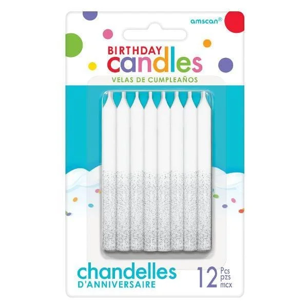  Birthday Candle 12/pkg - Glitter Silver/White