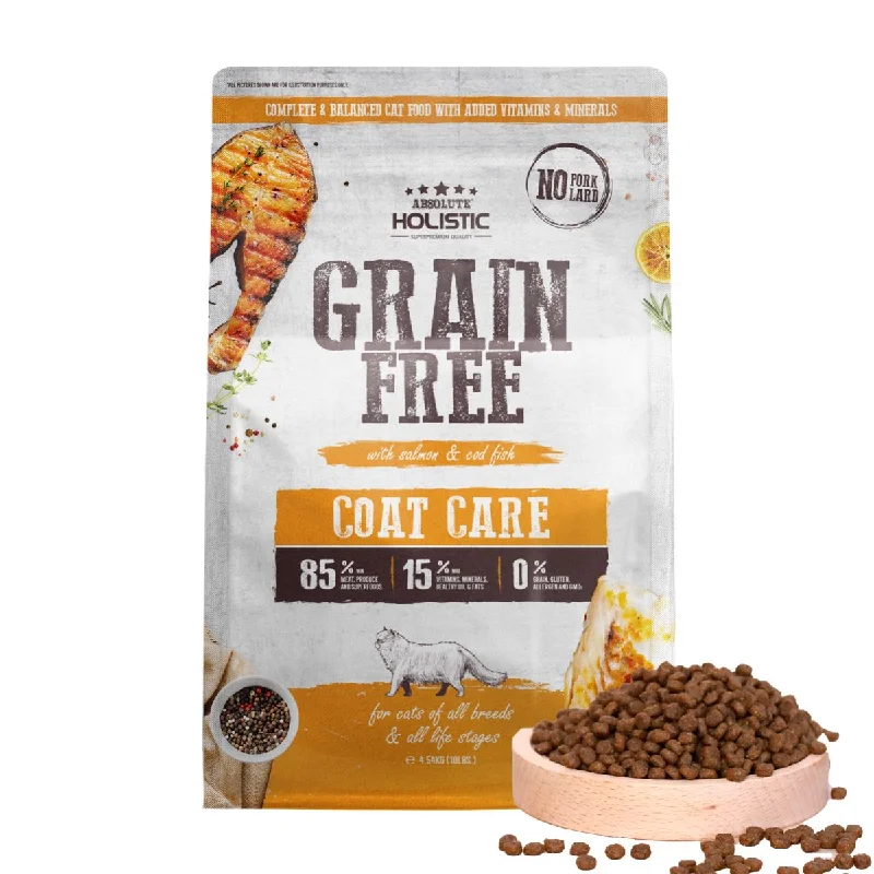    - Fish-based cat food  Absolute Holistic Grain Free Dry Cat Food - Coat Care (10lbs)