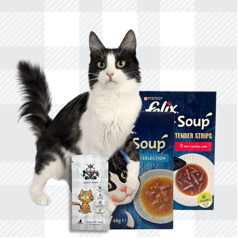 - High-fiber cat food AETN Creations Felix Soup Mixed Pack - Tender Strips Meat and Fish Selection with AETN Creations Chicken Cat Treat - High-fiber cat food AETN Creations Felix Soup Mixed Pack - Tender Strips Meat and Fish Selection with AETN Creations Chicken Cat Treat