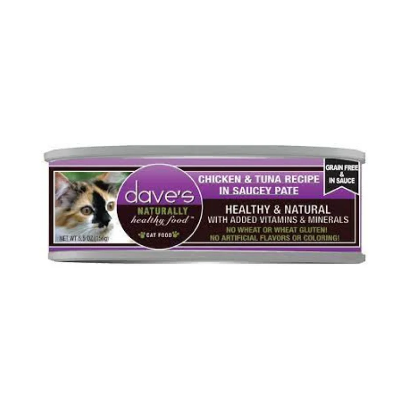    - High-protein cat food  Dave's Tuna & Chicken Dinner in Gravy Cat Canned