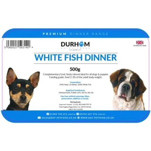 - Special food for senior dogsDurham Animal Feeds White Fish Dinner 500g