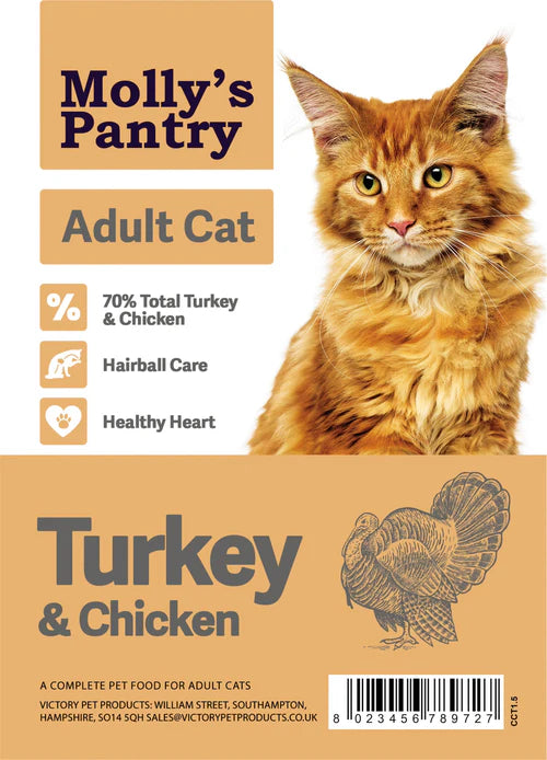    - High-protein cat food  Molly's Pantry Adult Cat Food Turkey and Chicken