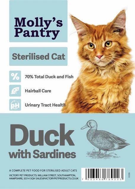    - Indoor cat food  Molly's Pantry Sterilized Adult Cat Food Duck with Sardines