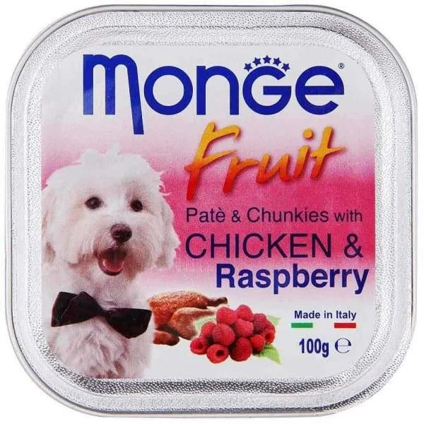 - High protein dog foodMonge Fruit Chicken & Raspberry Pate with Chunkies Tray Dog Food 100g
