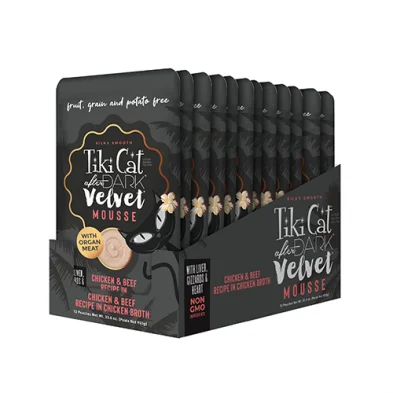 - Cat food discounts and promotions Tiki Cat - After Dark Velvet Mousse - Chicken & Beef Recipe in Broth - Cat food discounts and promotions Tiki Cat - After Dark Velvet Mousse - Chicken & Beef Recipe in Broth