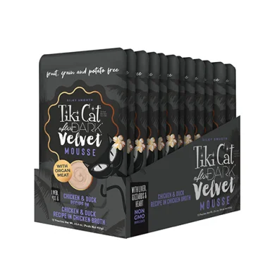- Cat food discounts and promotions Tiki Cat - After Dark Velvet Mousse - Chicken & Duck Recipe in Broth - Cat food discounts and promotions Tiki Cat - After Dark Velvet Mousse - Chicken & Duck Recipe in Broth