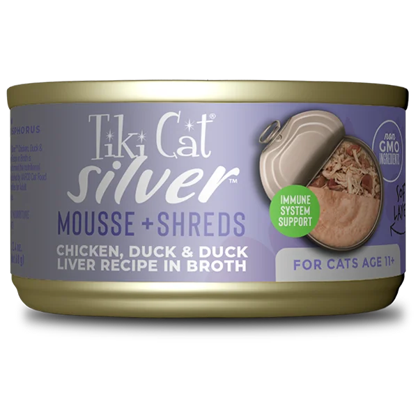- High-fiber cat food Tiki Cat - Silver - Mousse & Shreds - Chicken & Duck & Duck Liver Recipe In Broth - High-fiber cat food Tiki Cat - Silver - Mousse & Shreds - Chicken & Duck & Duck Liver Recipe In Broth