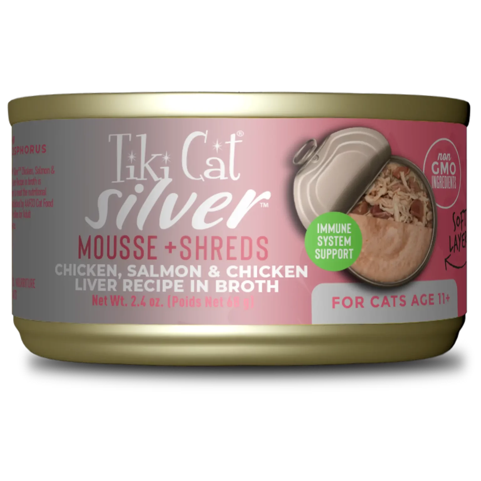 1. **Functional Cat Food**  Tiki Cat - Silver - Mousse & Shreds - Chicken & Salmon & Chicken Liver Recipe In Broth