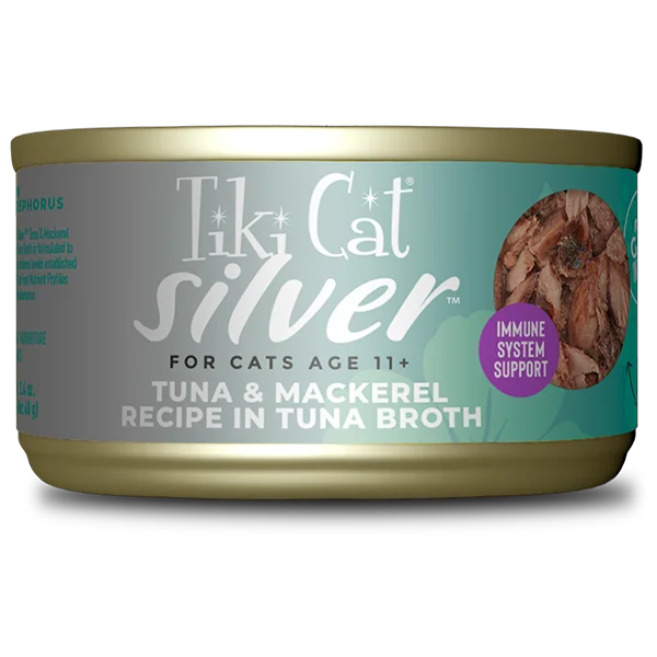    - High-fiber cat food  Tiki Cat - Silver - Tuna & Mackerel Recipe In Tuna Broth